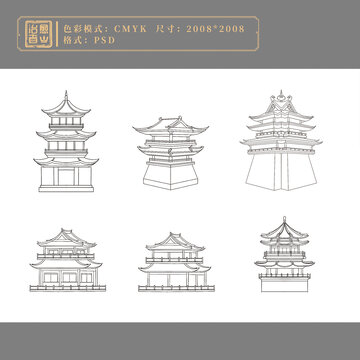 古建筑插畫線稿素材