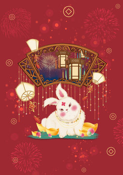 2023兔年春节节日国风插画