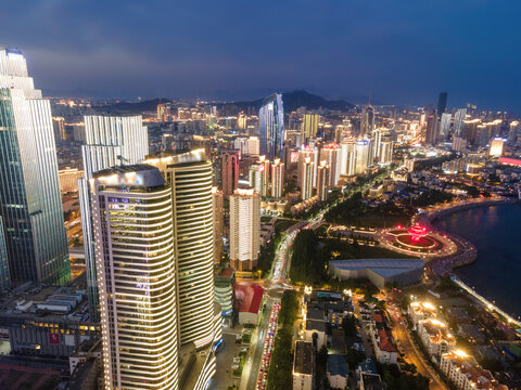 航拍青岛金融中心房地产夜景