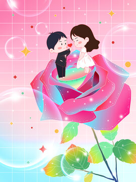 漸變情人節(jié)玫瑰花上的情侶插畫