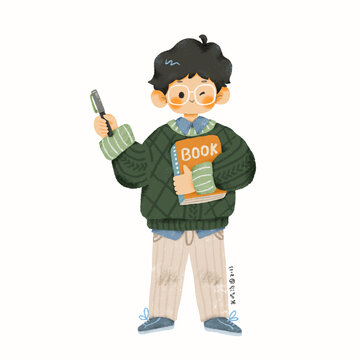 可愛男孩學(xué)生人物插畫