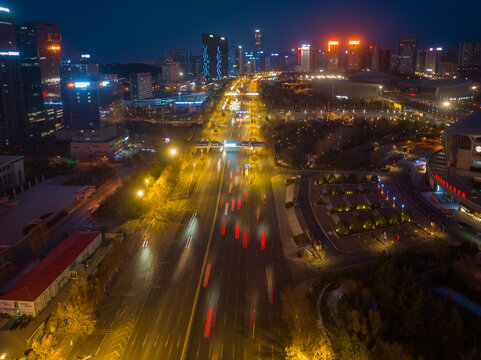 航拍济南东部新城夜景