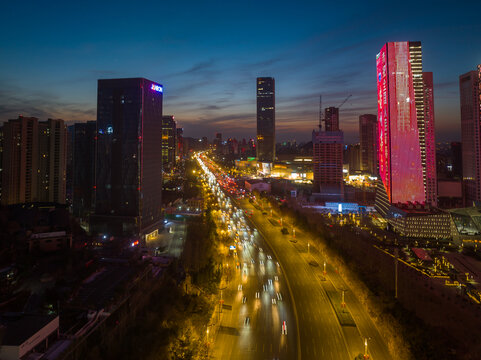 航拍济南东部新城夜景