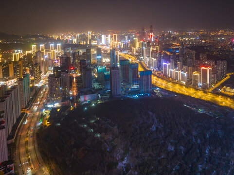 航拍济南东部新城夜景