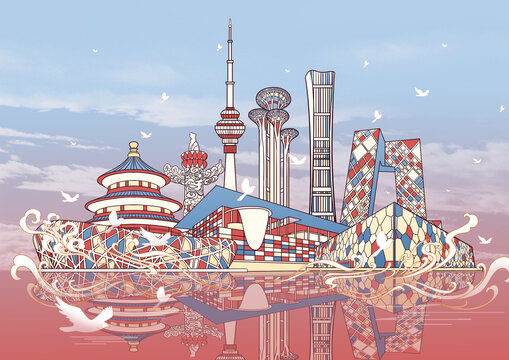 北京城市地标建筑国风插画