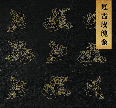 中式传统金色玫瑰纹理数码印花