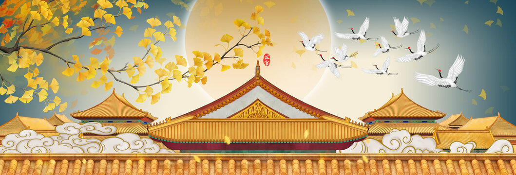 手繪故宮銀杏插畫
