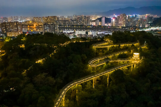 航拍福州城市森林步道夜景福道