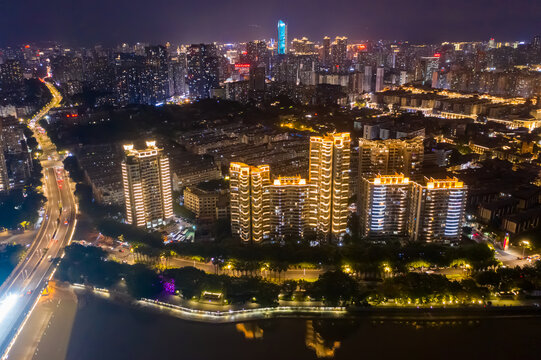 航拍福州闽江沿岸城市夜景