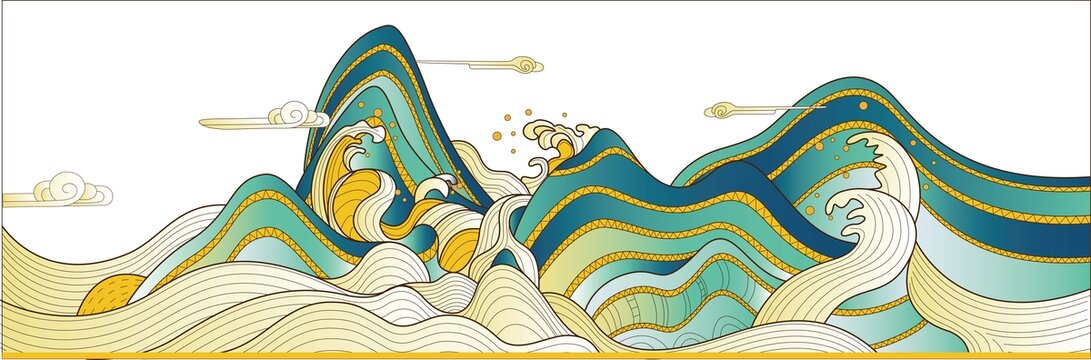 陶瓷花紙?jiān)O(shè)計(jì)山水圖案矢量圖