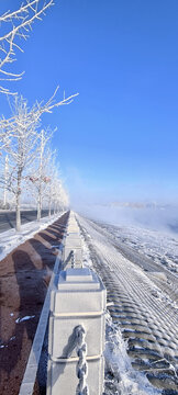 铺满霜雪的江边