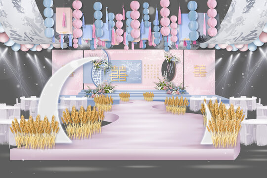 新中式蓝粉色婚礼效果图
