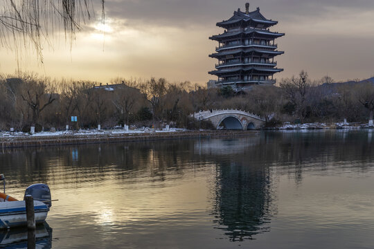 冬天大明湖超然楼晨景