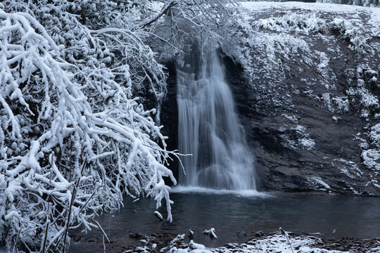 冬季雪景树林森林和瀑布