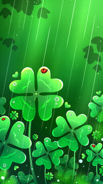春天雨水谷雨四葉草開屏插畫