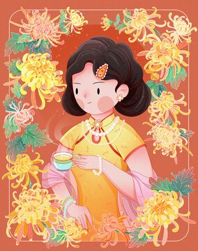 中国风旗袍美女菊花茶包装插画