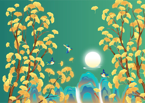 銀杏花鳥風(fēng)景插畫