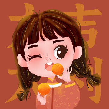 柿柿如意女孩頭像插畫