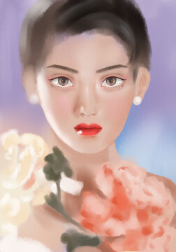 手繪捧花短發(fā)少女