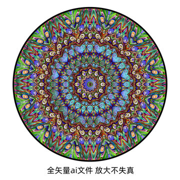 圓形孔雀尾花紋圖案