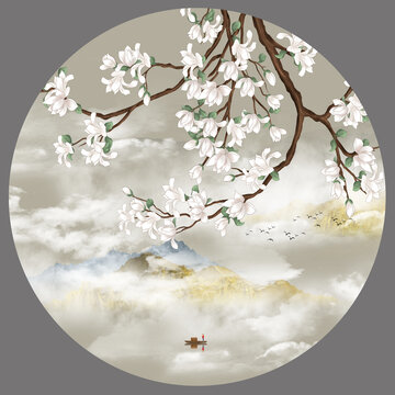 中式玉蘭花裝飾畫