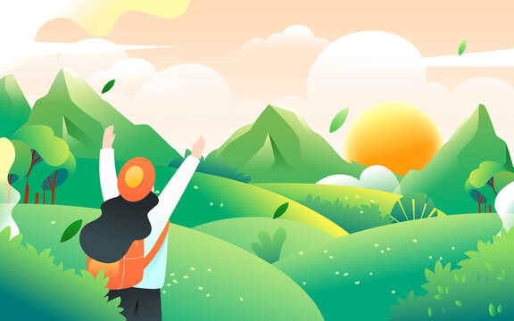 春天人物戶外登山徒步遠(yuǎn)行插畫