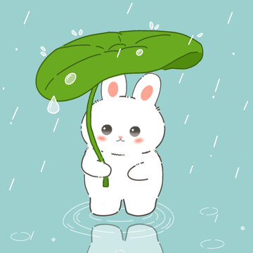 下雨天打荷葉傘的小兔子插畫