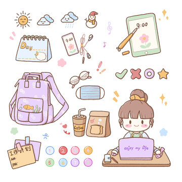 描邊風(fēng)Q版手帳貼紙工作日常