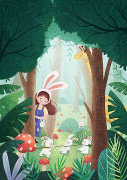 森林里探险儿童插画