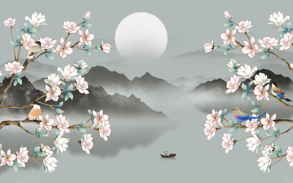 玉蘭花鳥山水畫
