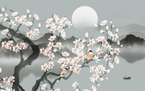 玉蘭花花鳥山水壁畫