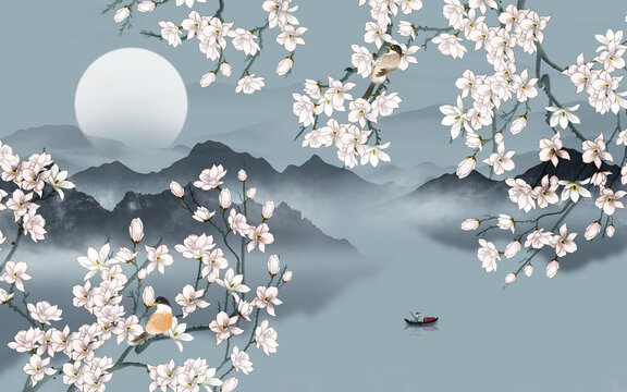 玉蘭花鳥(niǎo)山水畫(huà)