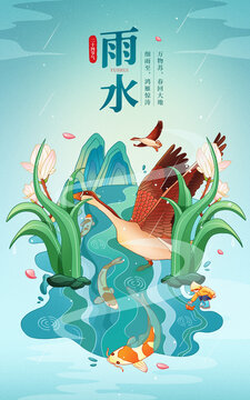 中國(guó)風(fēng)二十四節(jié)氣雨水插畫(huà)海報(bào)