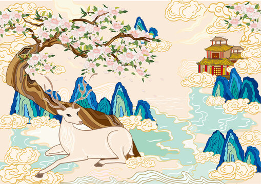 國潮鹿插畫