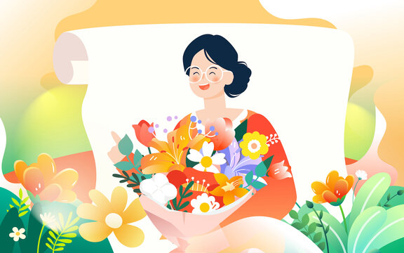 三八妇女节女生收鲜花礼物插画