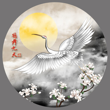 手繪鶴舞九天裝飾畫