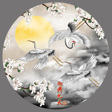 手繪鶴舞九天插畫