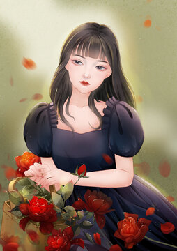 玫瑰花女孩插畫