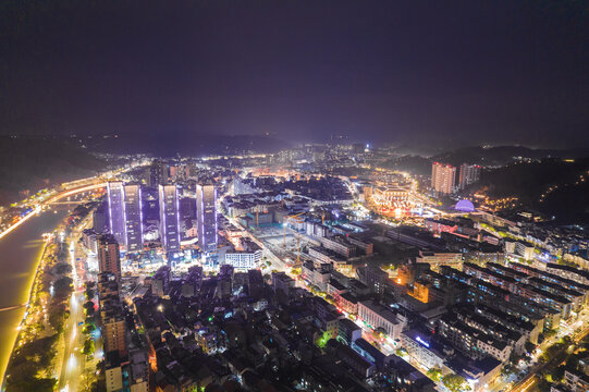 绍兴市新昌县夜景城市风光航拍