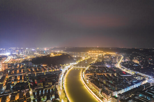 绍兴市新昌县夜景城市风光航拍