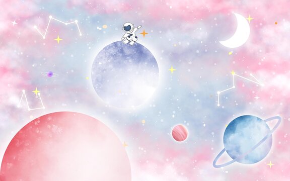 夢幻宇宙太空兒童房背景墻