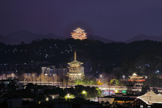 杭州城隍阁鼓楼古建筑风光夜景