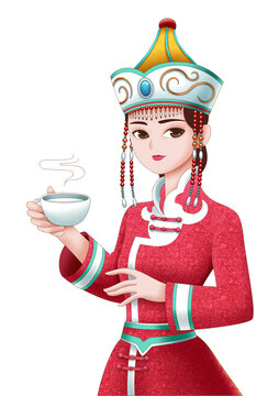 喝奶菜的蒙古女孩人物插畫