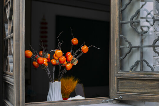 春节窗景年味红火柿子秋