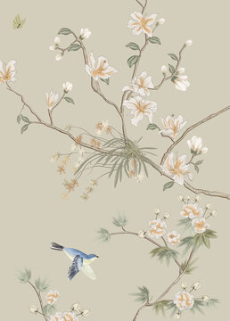 玉蘭花鳥圖裝飾畫