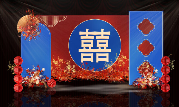 中式紅藍婚禮山水迎賓區(qū)