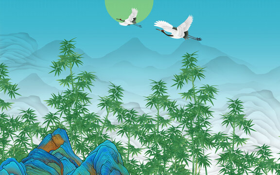竹子仙鶴背景墻
