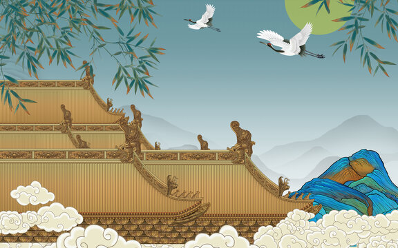 皇宮瑞鶴仙鶴背景墻