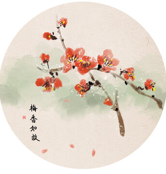 手繪中國畫水墨畫紅色梅花