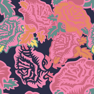 藏青底粉花